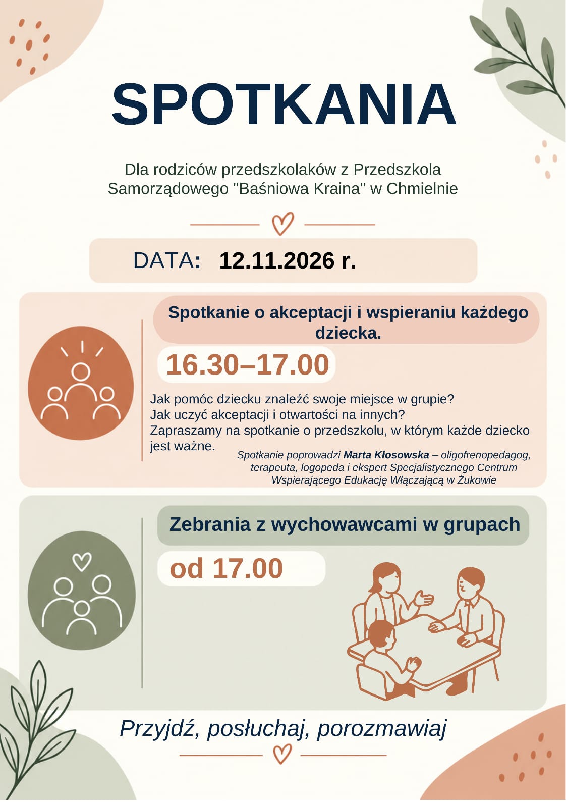 Plakat informujący o spotkaniu dla rodziców pt. Jak pomóc dziecku znaleźć swoje miejsce w grupie? Jak uczyć akceptacji i otwartości na innych?" a o godz.17.00 zebrania z wychowawcami w grupach.